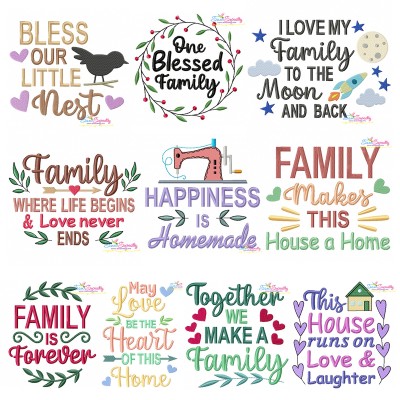 Family Quotes Lettering Embroidery Design Bundle