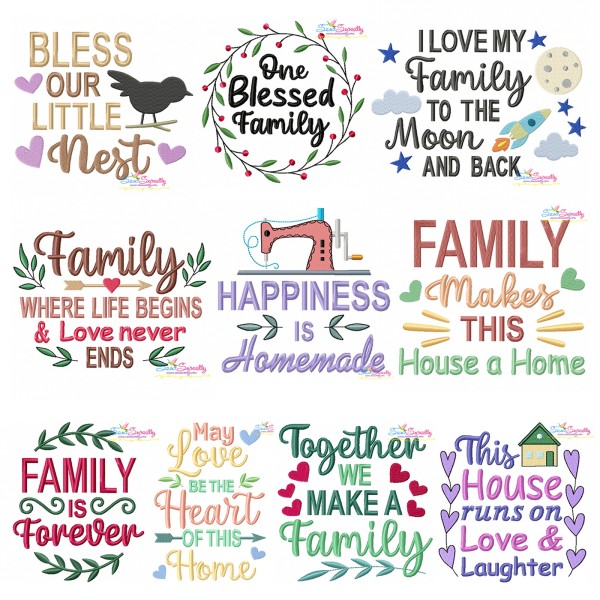 Family Quotes Lettering Embroidery Design Bundle