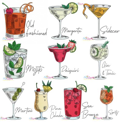 Cocktails Machine Embroidery Design Bundle