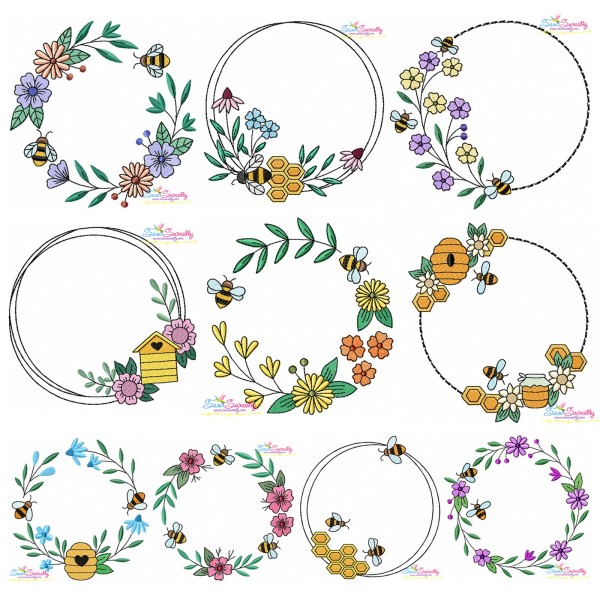 Bee Floral Frames Embroidery Design Bundle