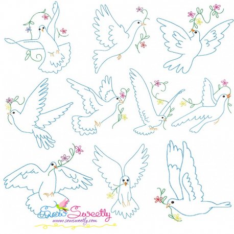 Vintage Redwork Pigeons Embroidery Design Pattern Bundle-1