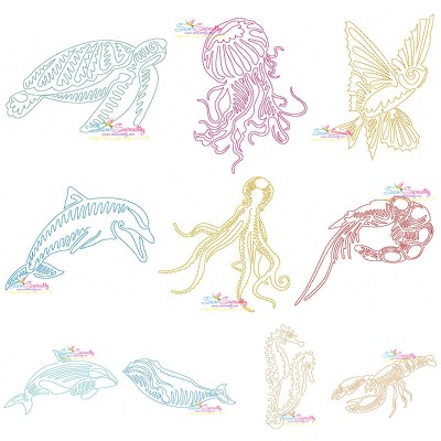 One Line Bean Stitch Sea Animals Embroidery Design Pattern Bundle-1