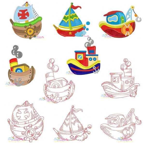 Colorful And Redwork Fishing Boats Embroidery Design Bundle-1
