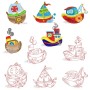 Colorful And Redwork Fishing Boats Embroidery Design Bundle-1