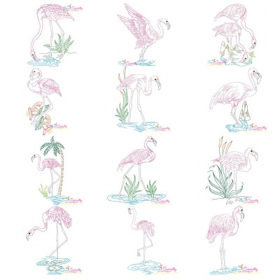 Vintage Stitch Flamingos Embroidery Design Pattern Bundle-1