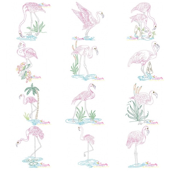 Vintage Stitch Flamingos Embroidery Design Bundle-1