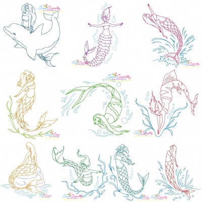 Vintage Stitch Mermaids Embroidery Design Pattern Bundle-1