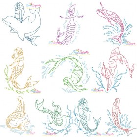 Vintage Stitch Mermaids Embroidery Design Bundle-1