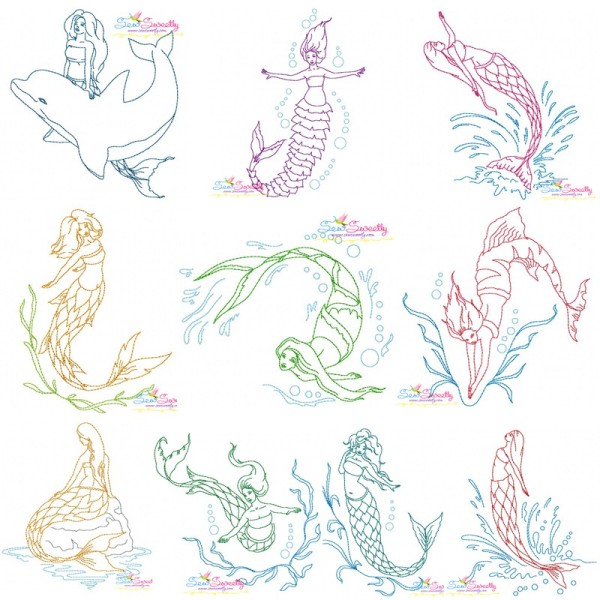 Vintage Stitch Mermaids Embroidery Design Bundle-1