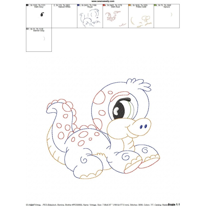 Vintage Stitch Baby Dinosaur - 9 Machine Embroidery Design