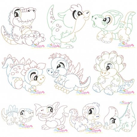 Vintage Stitch Baby Dinosaurs Embroidery Design Pattern Bundle-1