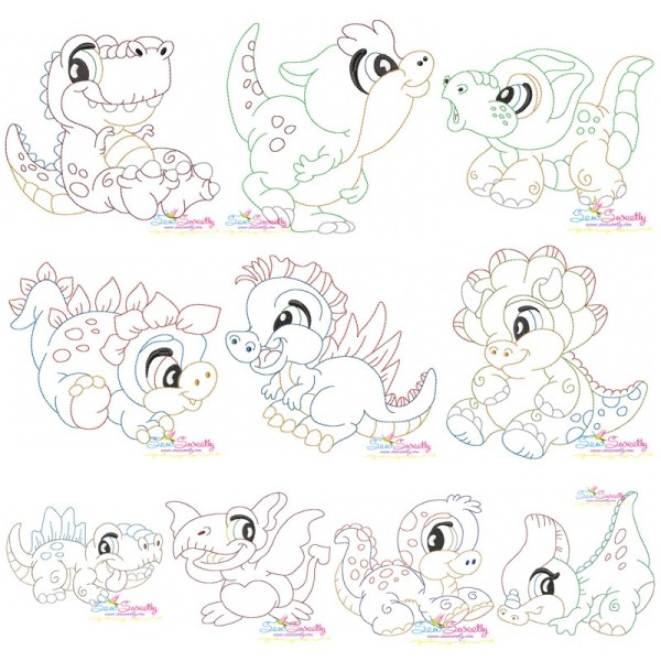 Vintage Stitch Baby Dinosaurs Embroidery Design Bundle-1