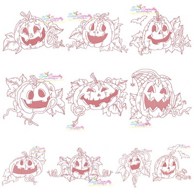 Redwork Halloween Pumpkins Embroidery Design Pattern Bundle-1