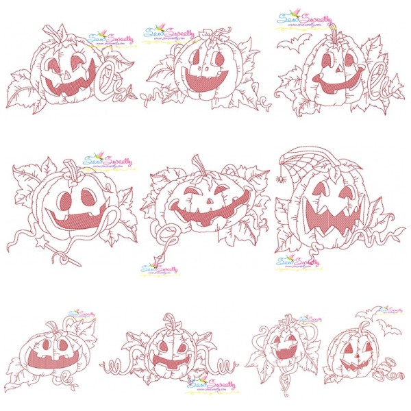 Redwork Halloween Pumpkins Embroidery Design Bundle-1