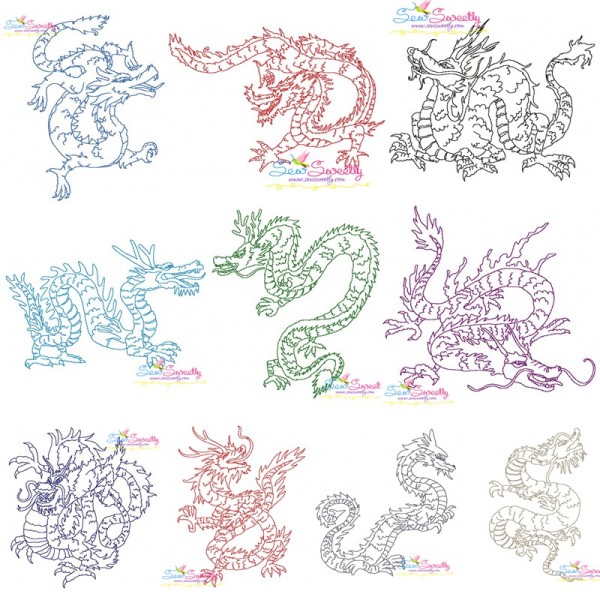 Vintage Stitch Chinese Dragons Embroidery Design Bundle-1