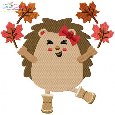 Hedgehog Girl Leaves Embroidery Design Pattern-1