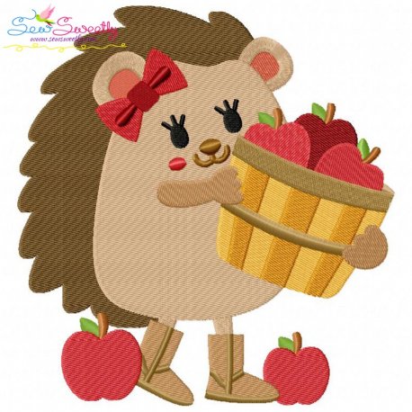 Hedgehog Girl Apples Embroidery Design Pattern