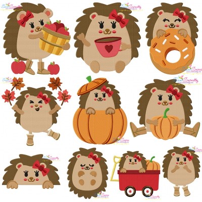 Fall Hedgehogs Girl Fill Embroidery Design Pattern Bundle-1