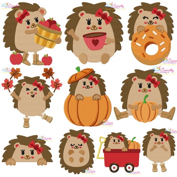 Fall Hedgehogs Girl Fill Embroidery Design Bundle-1