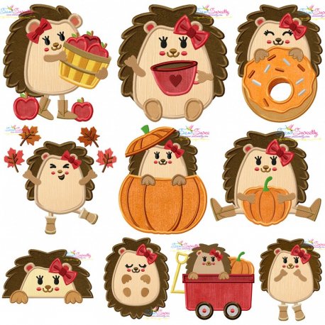 Fall Hedgehogs Girl Applique Design Pattern Bundle-1