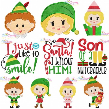 Christmas Elves And Lettering Embroidery Design Pattern Bundle-1