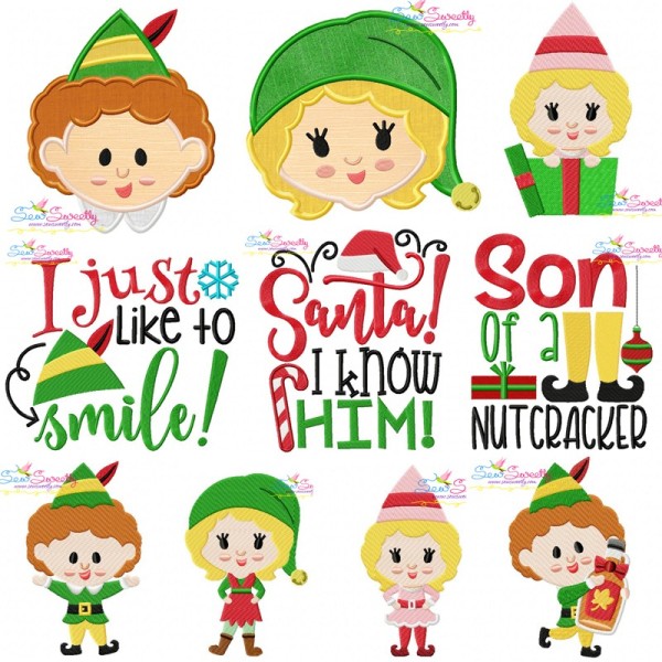 Christmas Elves And Lettering Embroidery Design Bundle-1