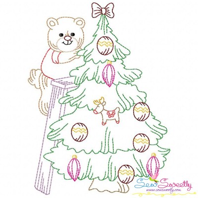 Vintage Bean Stitch Colorwork Christmas Tree Bear Embroidery Design Pattern-1