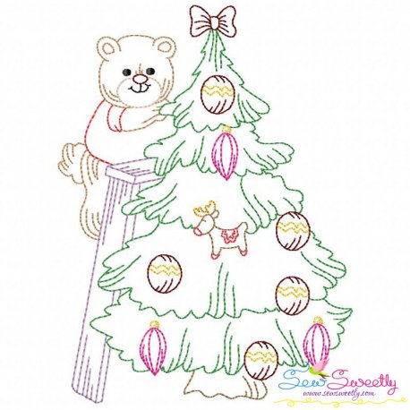 Vintage Bean Stitch Colorwork Christmas Tree Bear Embroidery Design Pattern-1