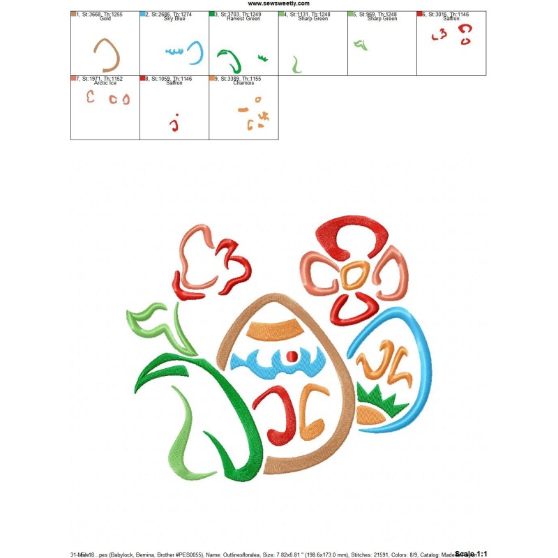Outlines Floral Easter Eggs-03 Embroidery Design Pattern
