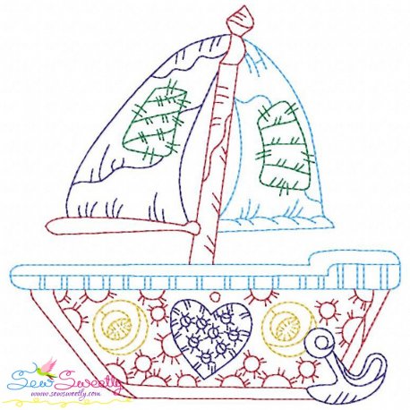 Vintage Bean Stitch Sailboat Embroidery Design Pattern