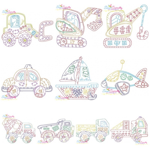 Vintage Bean Stitch Transportation Embroidery Design Bundle-1