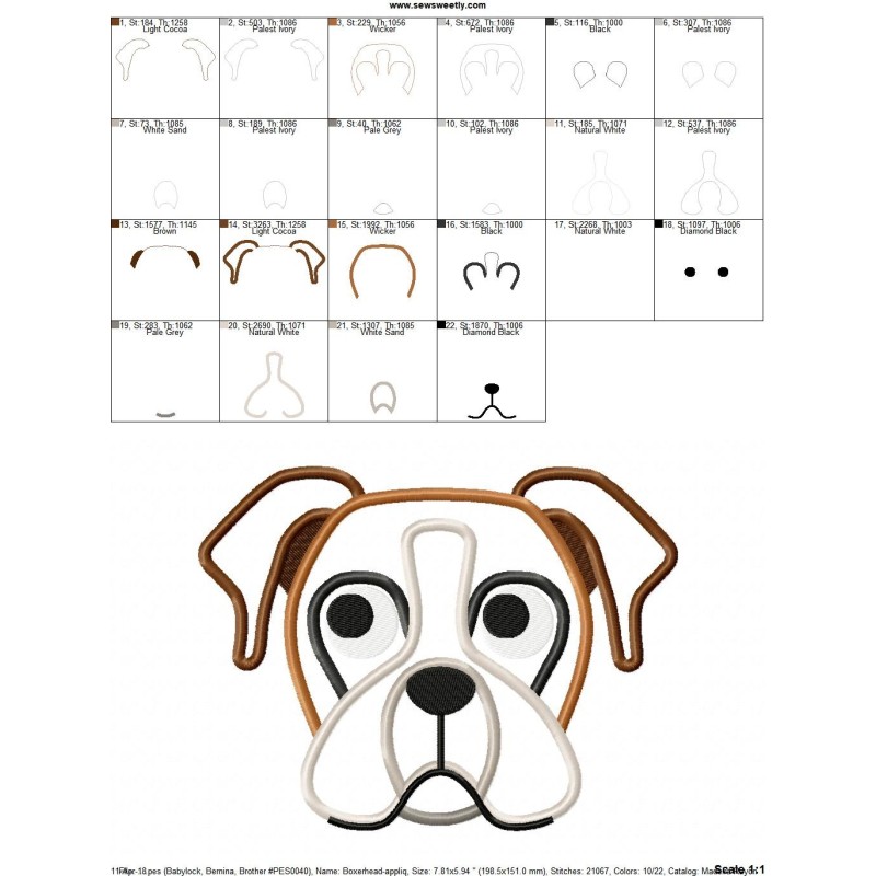 Boxer dog head applique design  sew sweetly