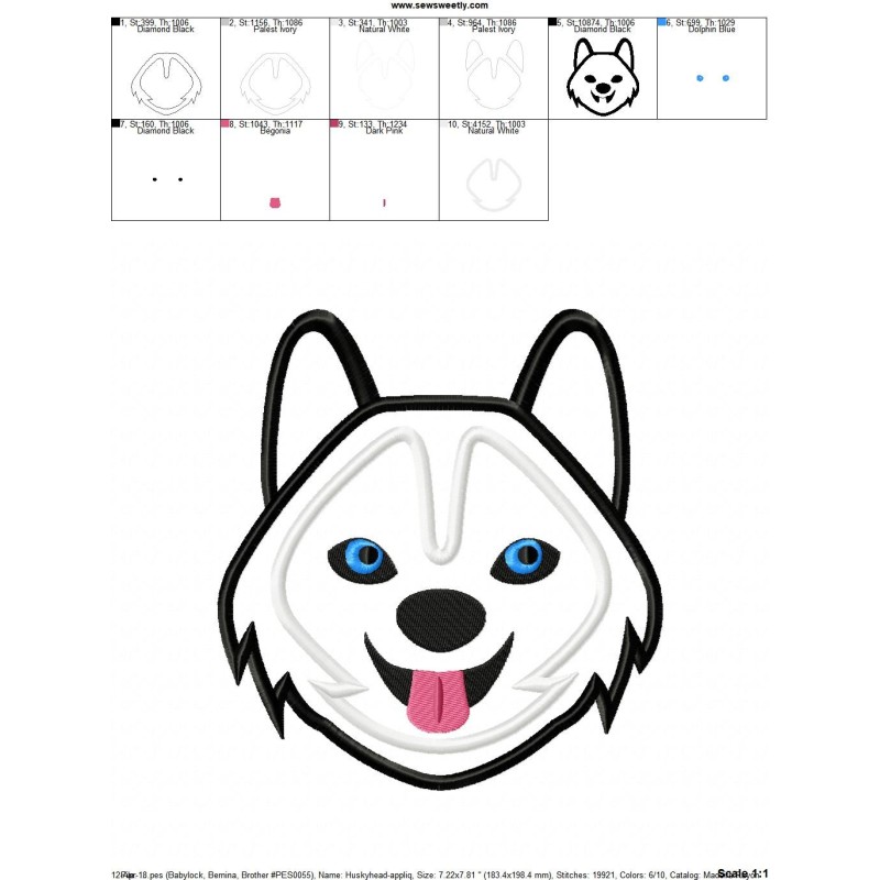 Husky Dog Head Applique Design Pattern