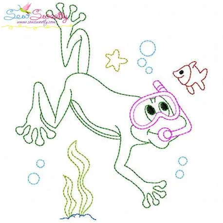 Bean Stitch Redwork Frog Underwater-8 Embroidery Design Pattern
