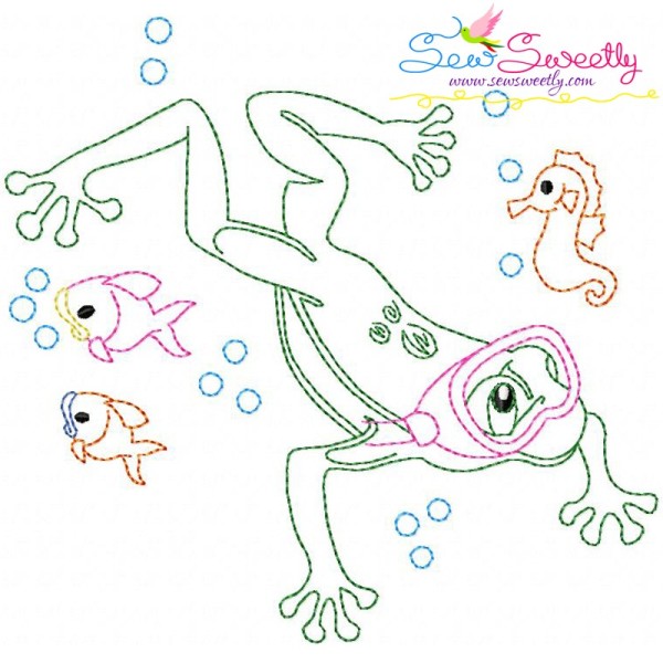 Bean Stitch Redwork Frog Underwater-6 Embroidery Design Pattern-1