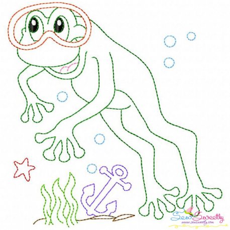Bean Stitch Redwork Frog Underwater-3 Embroidery Design Pattern