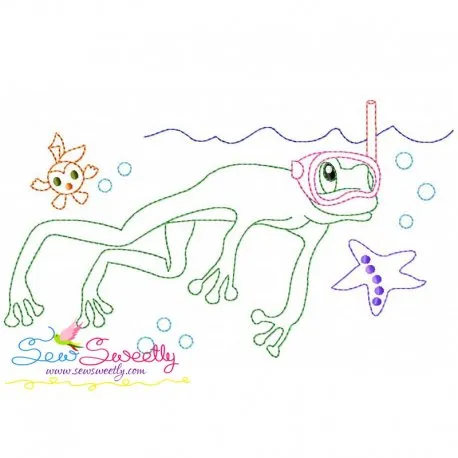 Bean Stitch Redwork Frog Underwater-2 Embroidery Design Pattern
