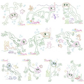 Bean Stitch Redwork Frog Underwater Embroidery Design Bundle-1