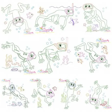Bean Stitch Redwork Frog Underwater Embroidery Design Bundle-1