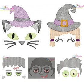 Halloween Faces Sketch Embroidery Design Bundle-1
