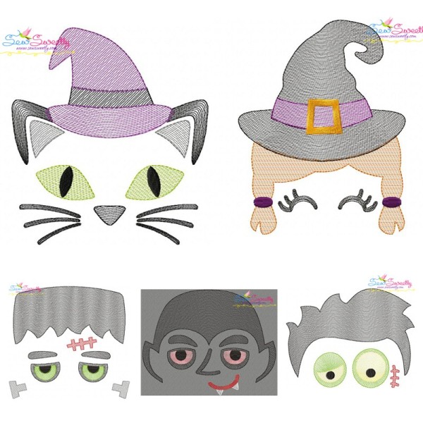 Halloween Faces Sketch Embroidery Design Bundle-1