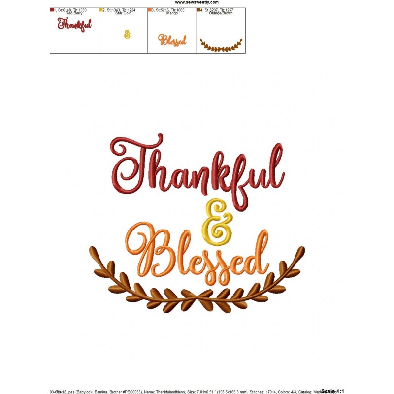 Thankful And Blessed Lettering Embroidery Design Pattern