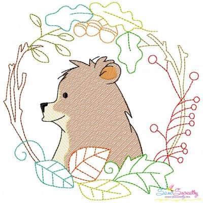 Fall Animal Frame- Bear Sketch Embroidery Design Pattern-1