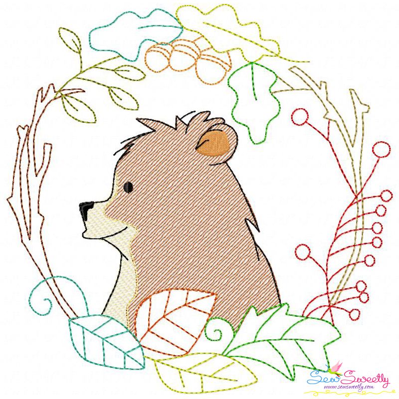 Fall Animal Frame- Bear Sketch Embroidery Design Pattern