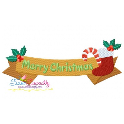 Merry Christmas Ribbon- Stocking And Candy Cane Lettering Embroidery Design Pattern-1