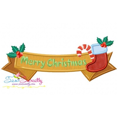 Merry Christmas Ribbon- Stocking And Candy Cane Lettering Applique Design Pattern-1