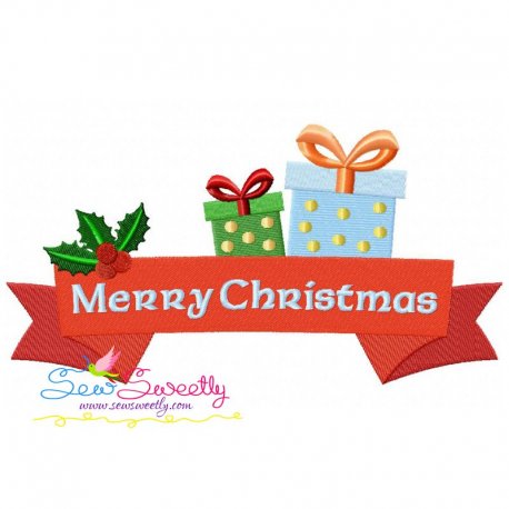 Merry Christmas Ribbon Gifts Lettering Embroidery Design Pattern