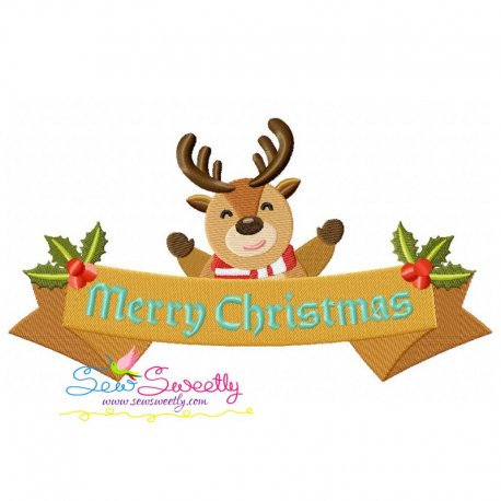 Merry Christmas Ribbon- Reindeer Lettering Embroidery Design Pattern-1