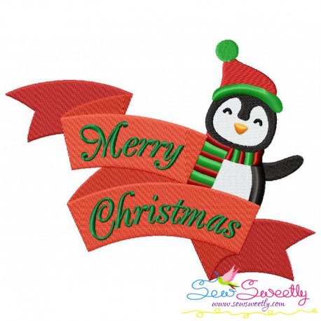 Merry Christmas Ribbon- Penguin Lettering Embroidery Design Pattern