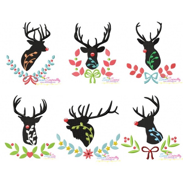 Red Nose Silhouette Reindeers Embroidery Design Bundle-1